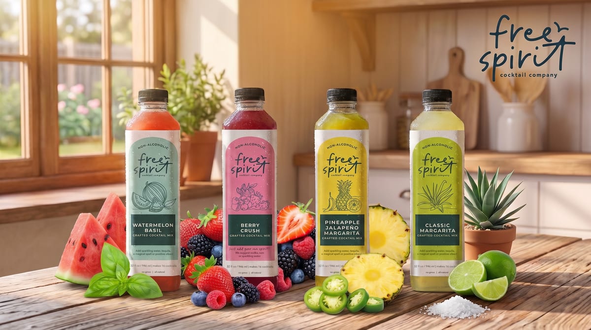 Four Free Spirit bottles, Watermelon Basil, Berry Crush, Pineapple Jalapeño Margarita, and Classic Margarita, on a farmhouse table with fresh watermelon, berries, pineapple, and limes