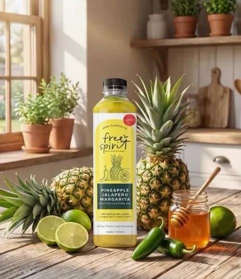 A bottle of Pineapple Jalapeño Margarita in a sunny kitchen with whole pineapples, limes, jalapeños, and a jar of honey